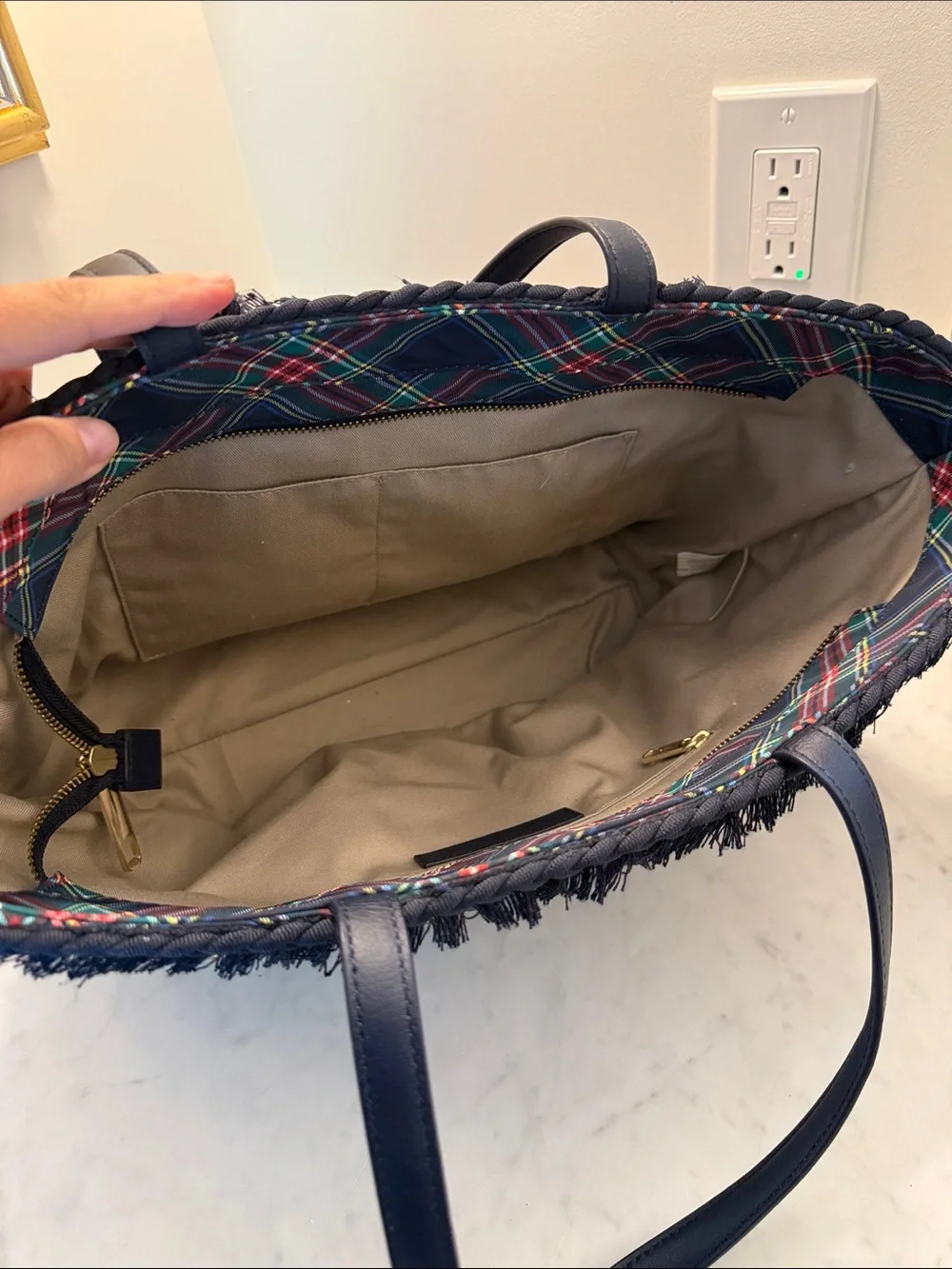 Talbots Plaid Tote Bag with Braided Trim